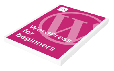A graphic that represents the e-book that is available for download. The title is "WordPress for beginners: the ultimate guide"